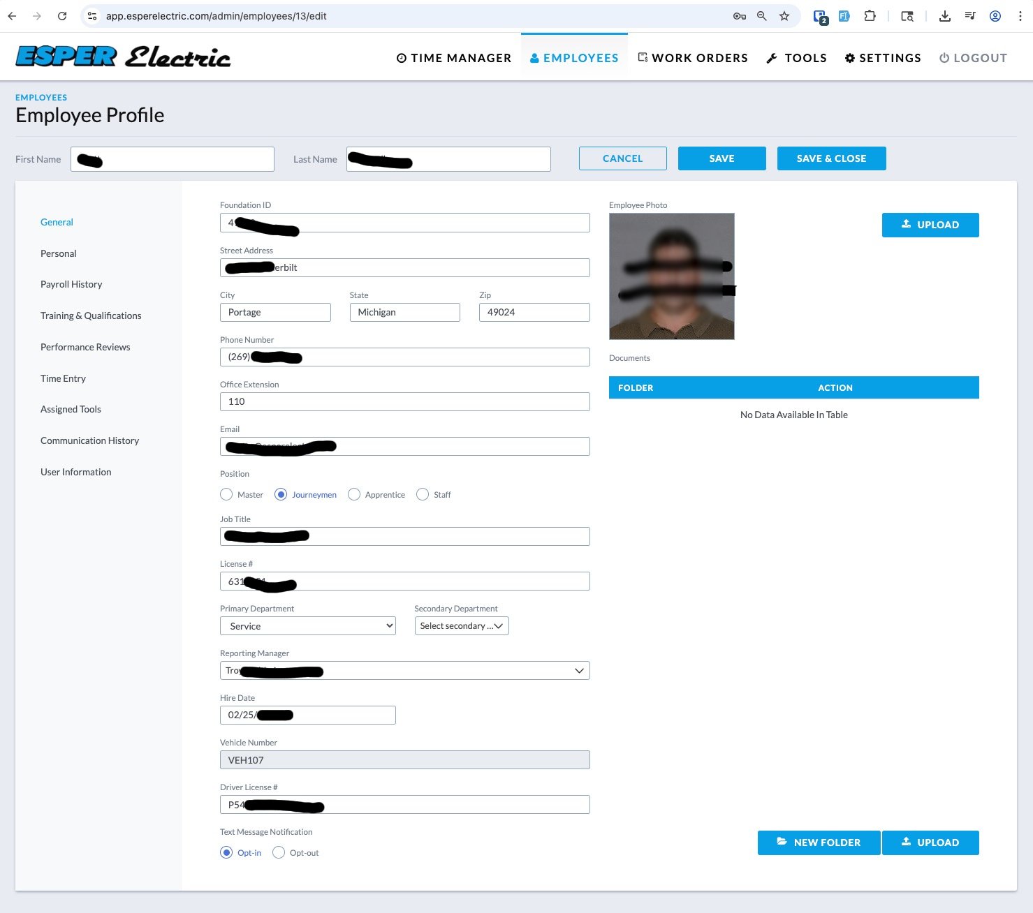 Screenshot of the Admin → Employees → Edit Employee page in the Esper Electric internal employee management application, showing the 'Text Message Notification' field with 'Opt-in' and 'Opt-out' radio buttons.