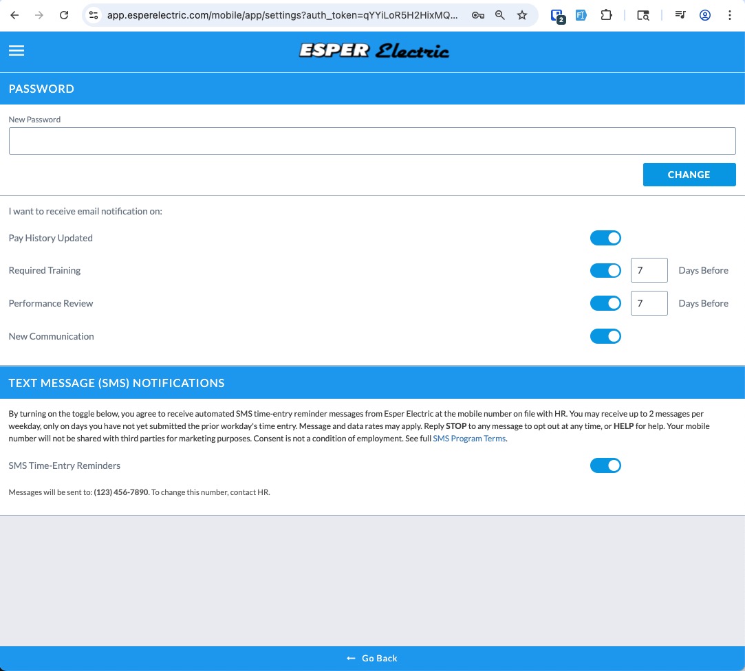 Screenshot of the Esper Electric mobile app Settings page, Text Message (SMS) Notifications section, showing the on-screen consent disclosure paragraph, the 'SMS Time-Entry Reminders' toggle, and the mobile phone number on file with HR.